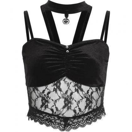 Sexy Lace Cropped Top For Women, Slim Fit Black..