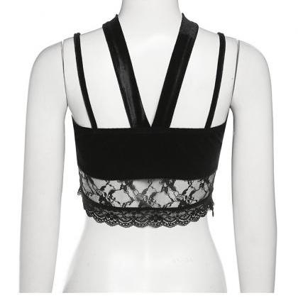 Sexy Lace Cropped Top For Women, Slim Fit Black..