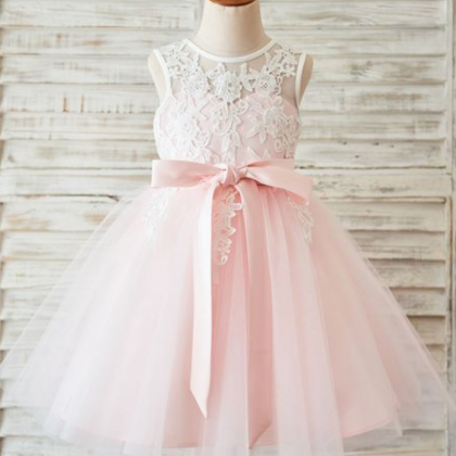 Pink Flower Girl Dresses, Kids Prom Dresses, Lace..