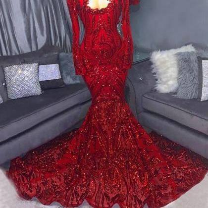 Long Sleeve Prom Dress, Mermaid Prom Dresses, Red..
