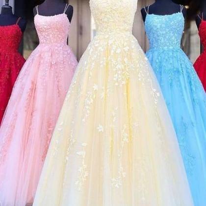 Lace Applique Prom Dresses, Spaghetti Strap Prom..