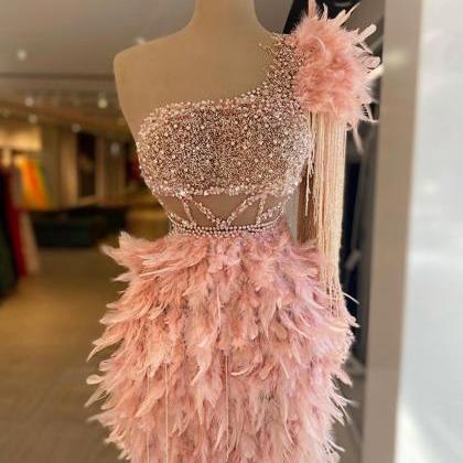 Pink Prom Dresses, Feather Prom Dresses, Beaded..