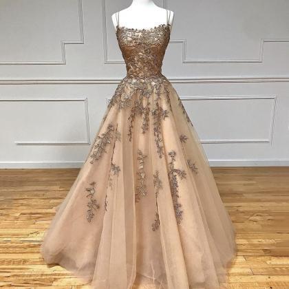 Gold Lace Prom Dresses, Spaghetti Strap Prom..