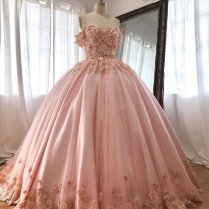 Pink Prom Dresses, Prom Ball Gown, Lace Applique..