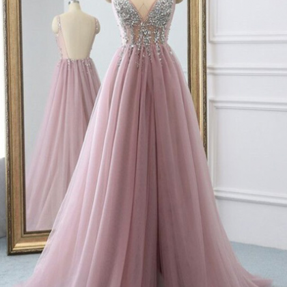 Beaded Prom Dresses, Rose Pink Prom Dress, Tulle..