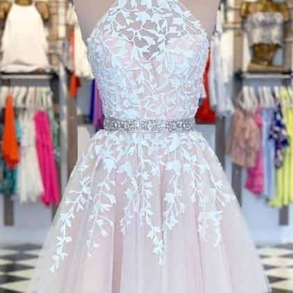 Blush Pink Prom Dresses, Halter Prom Dresses, Lace..