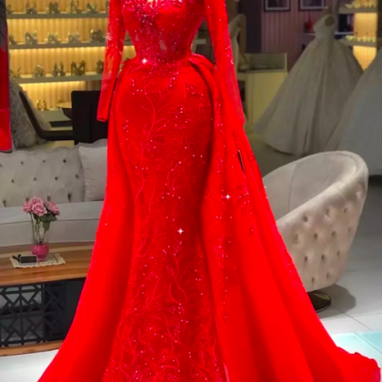 Long Sleeve Prom Dresses, Red Lace Prom Dresses,..