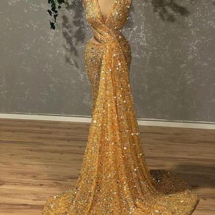 Gold Sparkly Evening Dresses, V Neck Evening..