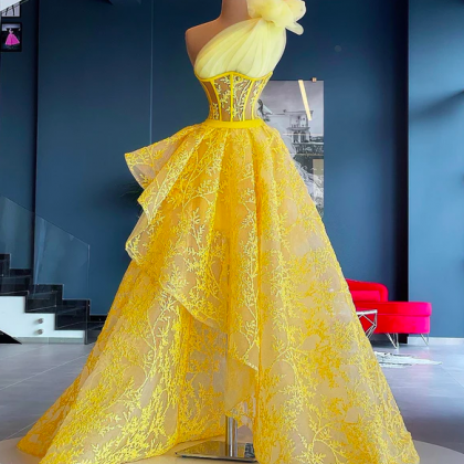 One Shoulder Prom Dresses, Yellow Prom Dresses,..