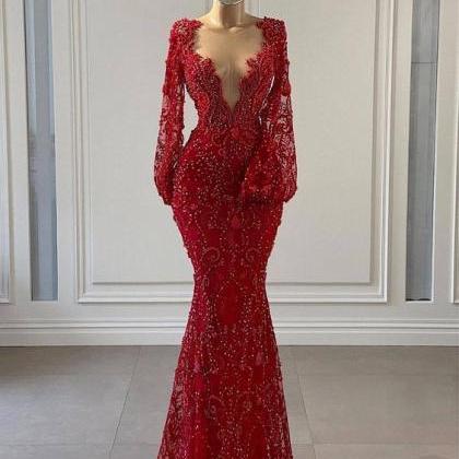 Luxury Evening Dress, Red Evening Dress, Deep V..