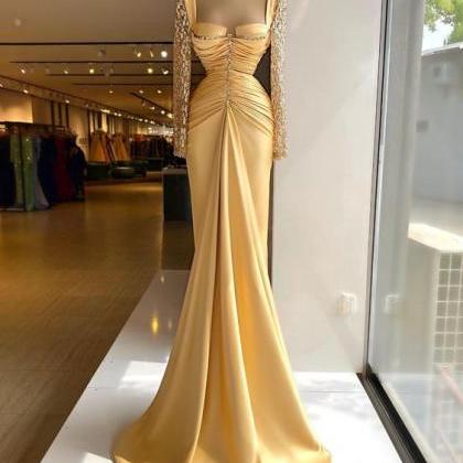 Gold Evening Dress, Beaded Evening Dresses, Long..