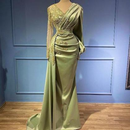 Long Sleeve Prom Dresses, Beaded Applique Prom..