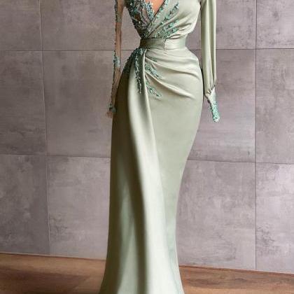 Green Evening Dresses, Lace Applique Evening..