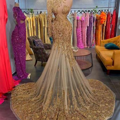 Gold Lace Beaded Evening Dresses, High Neck..