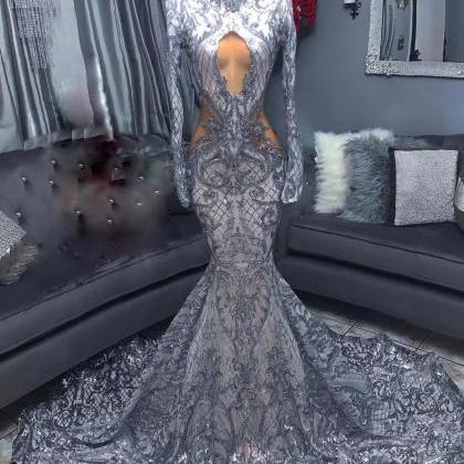 High Neck Prom Dress, Silver Sparkly Prom Dresses,..