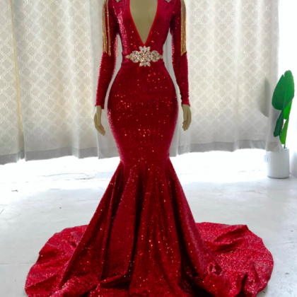 Red Prom Dresses, Tassels Prom Dresses, Sparkly..