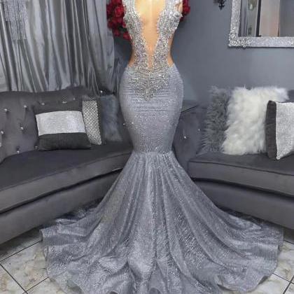 Silver Prom Dresses, Luxury Prom Dresses, Mermaid..