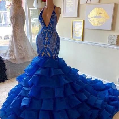 Tiered Prom Dresses, Blue Prom Dress, Halter Prom..