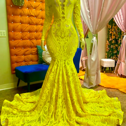 Yellow Prom Dresses, Sequin Applique Prom Dress,..