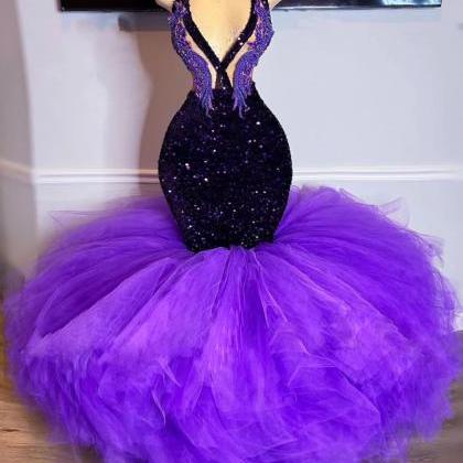 Purple Prom Dresses, Beaded Applique Formal..