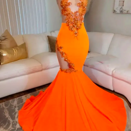 Orange Prom Dresses, Lace Applique Prom Dresses, O..