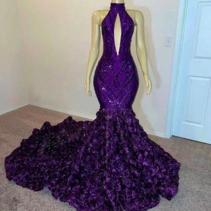 High Neck Prom Dresses, Purple Prom Dress, Formal..