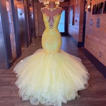 Yellow Prom Dresses, Sparkly Sequin Applique Prom..