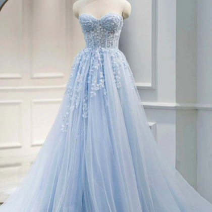 Ice Blue Prom Dresses, Sweetheart Neck Prom..