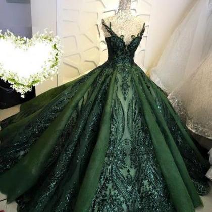 Hunter Green Prom Dresses, Sparkly Sequin Applique..