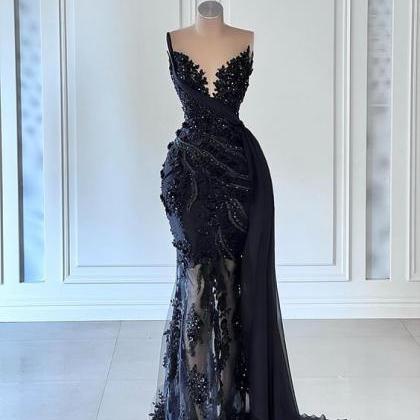 Elegant Prom Dresses, Black Beaded Prom Dresses,..