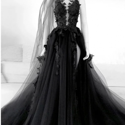 Black Prom Dresses, Lace Applique Prom Dresses, A..