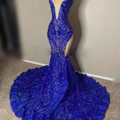 Royal Blue Prom Dresses, Sequin Applique Prom..