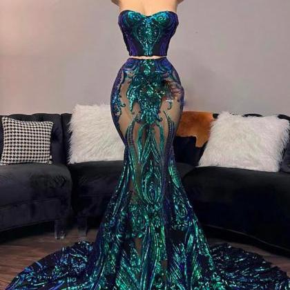 Sparkly Green Prom Dresses, 2 Pieces Prom Dresses,..