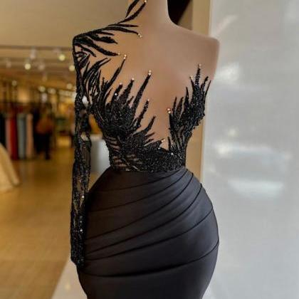 Black Prom Dresses Short, Lace Applique Prom..