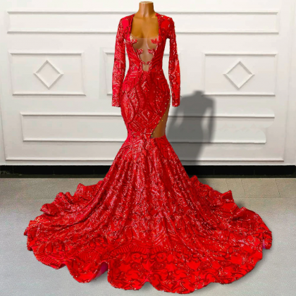 Long Sleeve Prom Dresses, Red Prom Dresses, Formal..