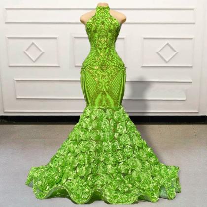 Green Prom Dresses, Floral Prom Dresses, High Neck..