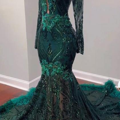 Emerald Green Prom Dresses, Long Sleeve Prom..