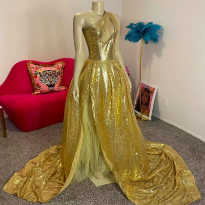 Gold Sequin Prom Dresses, One Shoulder Prom..