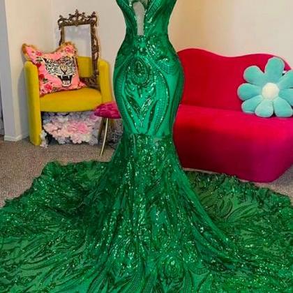 Green Prom Dresses, Sequin Applique Prom Dresses,..