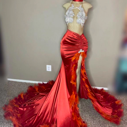 Sexy Prom Dresses, High Neck Prom Dresses, Feather..