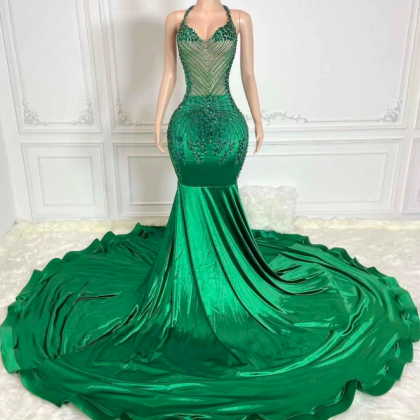 Halter Prom Dresses, Green Prom Dresses, Beaded..