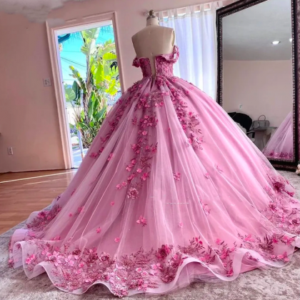 Pretty Ball Gown Strapless Tulle Long Floral Pink Floor Length Prom Dresses Sweet 16 Dresses