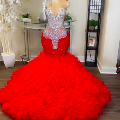Red Luxury Prom Dresses, Tassel Crystals Prom..