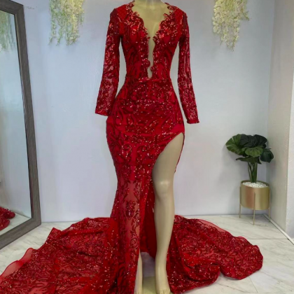 Red Sparkly Applique Prom Dresses, Long Sleeve..