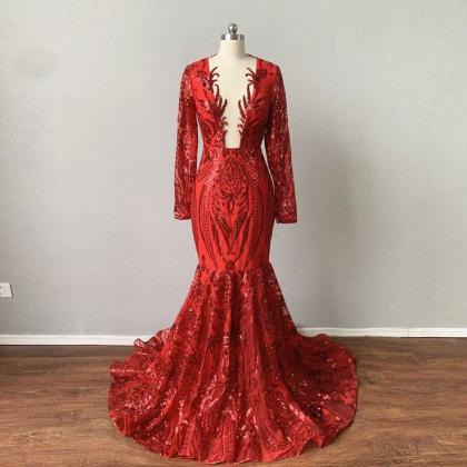 Red Prom Dresses, Long Sleeve Prom Dresses, Formal..