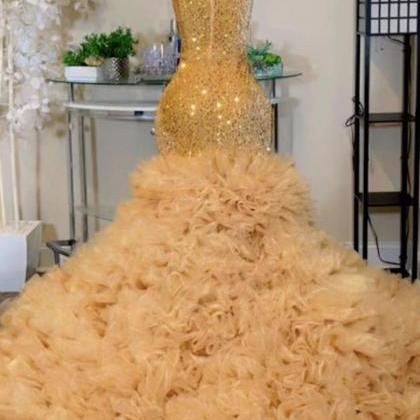 Shinny Crystals Prom Dresses, Gold Sparkly Prom..