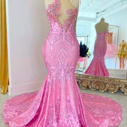 Pink Prom Dresses, Sparkly Applique Prom Dresses,..