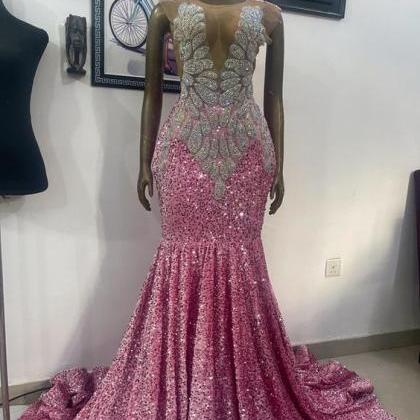Crystals Prom Dresses, Pink Sparkly Prom Dresses,..