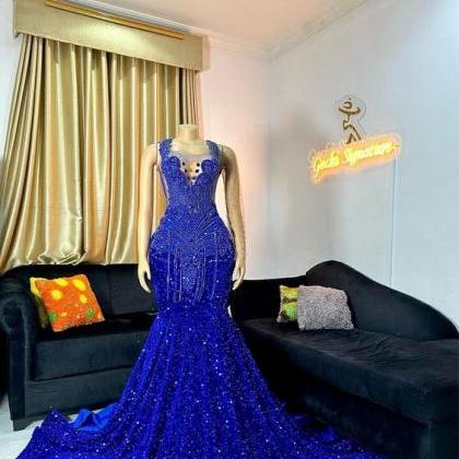 Rhinestones Luxury Prom Dresses, Royal Blue Prom..