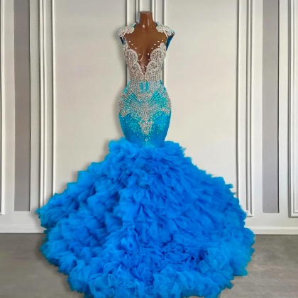 Rhinestones Luxury Prom Dresses, Blue Prom..